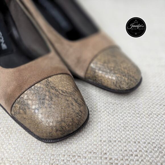 Evan-Picone Brown Suede and Snakeskin Square Toe Pump Size 7M - Picture 6 of 16